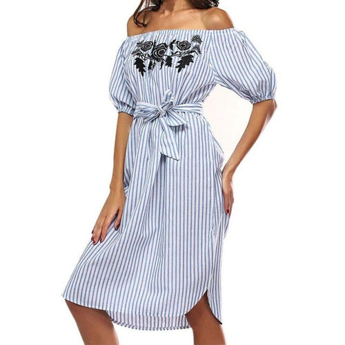 Blue Whit Striped  Shirts Dress Women  Off shoulder Mid Dress Short Sleeve Slash Neck Casual Dress vestidos mujer #23 GS