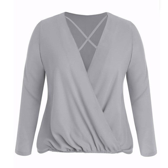Blusas Femininos   Chiffon Solide Cross Deep V Neck Shrts Women Blouses Shirt Long Sleeve Tops Women Clothing #23 GS