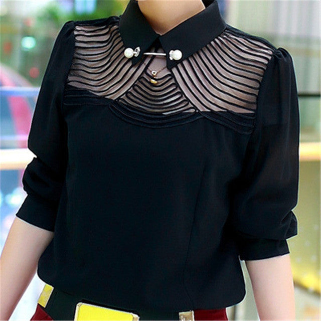 Blusas femininas Casual Women Hollow Out Blouses Long Sleeve Tops Autumn OL Turn-down Lace Print Shirts with Pearl Button 71766 GS
