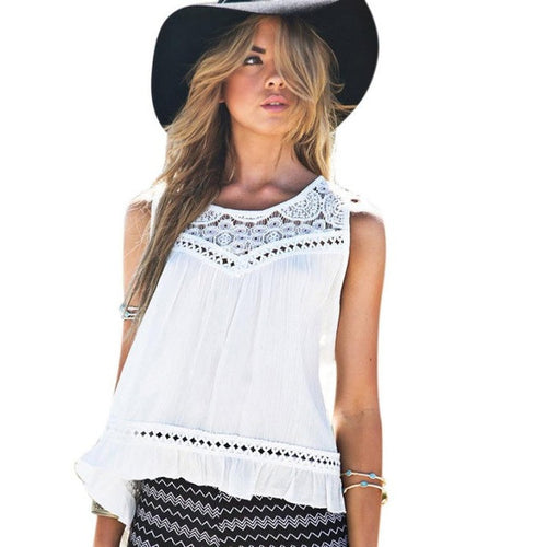 Blusas mujer  Sexy Womens  Style Lace Chiffon Blouses Sleeveless O Neck White Womens Shirts camisetas mujer #82 GS