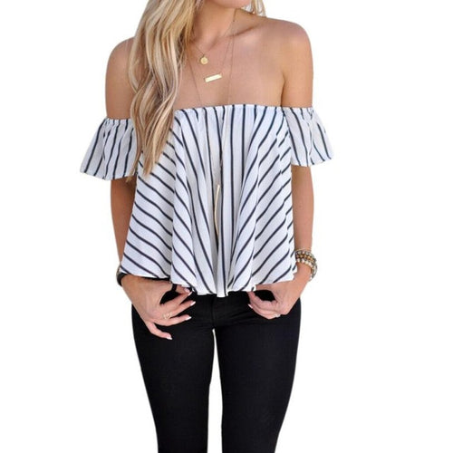 Blusen Women  Fashion Striped Sexy Off Shoulder Tops Ruffles Sleeve  Women Blouses Slash Neck Shirts Chemisier Femme GS