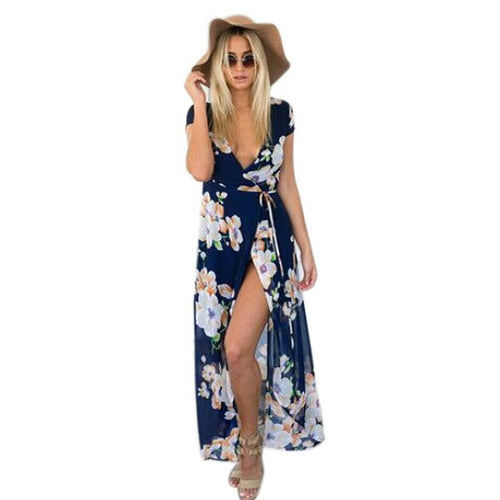 Bohemian Dress   New Women Maxi Dress V Neck Chiffon Dresses Sexy Long Dress,Robe Longue Femme,Vestido De Festa Longo GS