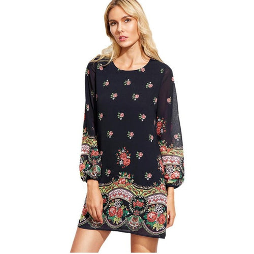 Bohemian Style  Dress  Women Floral Print O Neck Long Sleeve Print Chiffon Mini Dress vestidos mujer Women Clothing#43 GS