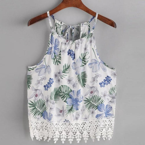 Boho Floral Print   Women Tank Tops Sexy Spaghetti Strap Lace Crochet Vest Casual Beach Tops Camisole Female #418 GS