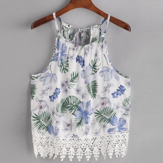 Boho Floral Print   Women Tank Tops Sexy Spaghetti Strap Lace Crochet Vest Casual Beach Tops Camisole Female #418 GS