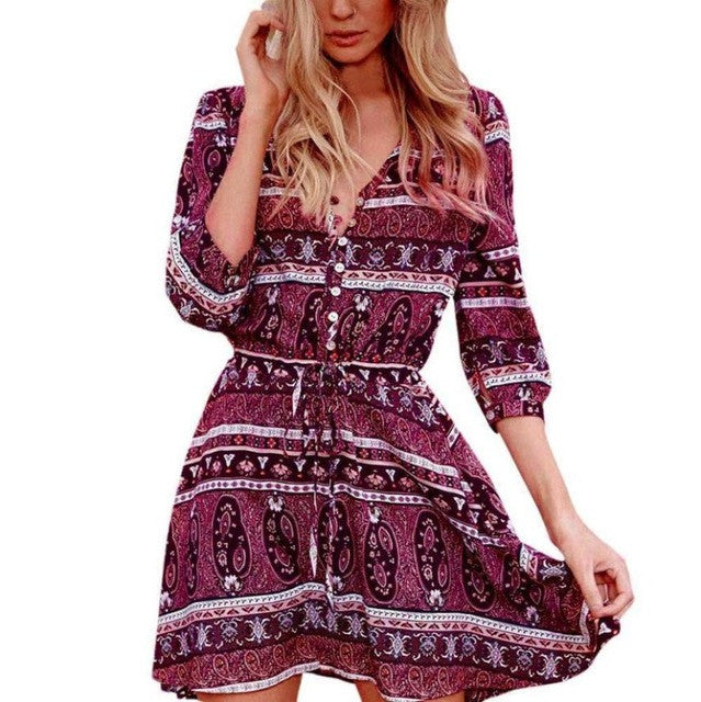 Boho Floral Print Deep V Neck Dresses Women Half Sleeve Short Mini Dress Ladies Beach Dress vestido de verano #420 GS