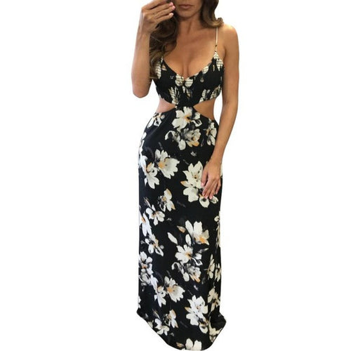 Boho Floral print chiffon maxi dresses Lady Sling Strapless Hollow Out Backless Beach  Sexy Women Long Dress Vestidos #63 GS