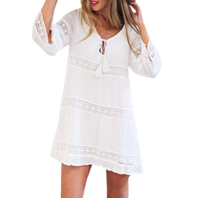 Boho Style Loose Women's Dresses   Three Quarter Sleeve Lace Beach Short Mini Dress Women Vestidos #23 GS
