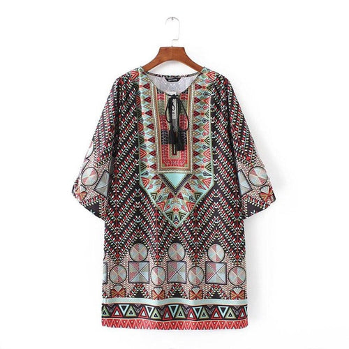 Boho dresses   Women 3/4 Sleeves Geometric Pirnt Chiffon Vintage Print Casual Loose Ladies mini Dresses #23 GS