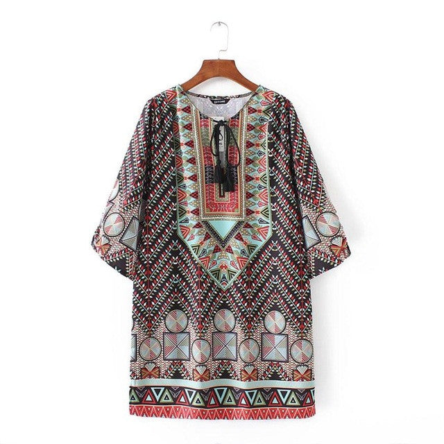 Boho dresses   Women 3/4 Sleeves Geometric Pirnt Chiffon Vintage Print Casual Loose Ladies mini Dresses #23 GS