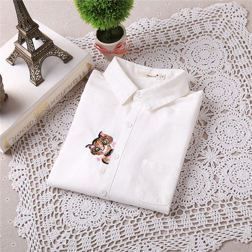 Brand New Cat Print Blouse Embroidery Blusas Femininas Long Sleeve Turn Down Collar Casual Fashion Work Shirts With Button 70020 GS