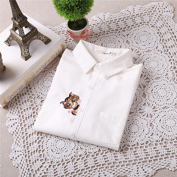 Brand New Cat Print Blouse Embroidery Blusas Femininas Long Sleeve Turn Down Collar Casual Fashion Work Shirts With Button 70020 GS