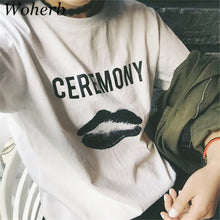 CEREMONY Letter Black Lip Print t-shirt  New Women Harajuku T shirts Women Short Sleeve Female O-neck Tops Plus Size 72671 GS