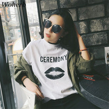 CEREMONY Letter Black Lip Print t-shirt  New Women Harajuku T shirts Women Short Sleeve Female O-neck Tops Plus Size 72671 GS