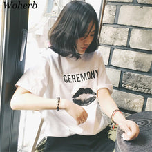 CEREMONY Letter Black Lip Print t-shirt  New Women Harajuku T shirts Women Short Sleeve Female O-neck Tops Plus Size 72671 GS