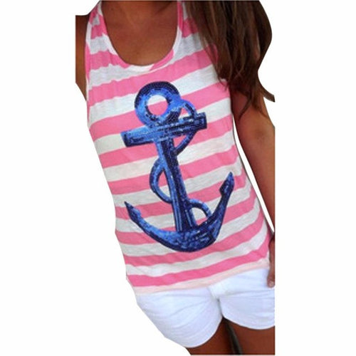 Camisas Femininas  Sequin Anchor Women Stripe Tops Sleeveless TShirt Women Tee Shirt Femme GS
