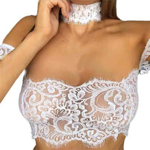 Camisas Mujer   Short Sleeeve Blouses Women Sexy Floral Sheer Lace Tops Choker Neck Off Shoulder Ladies blouses #63 GS
