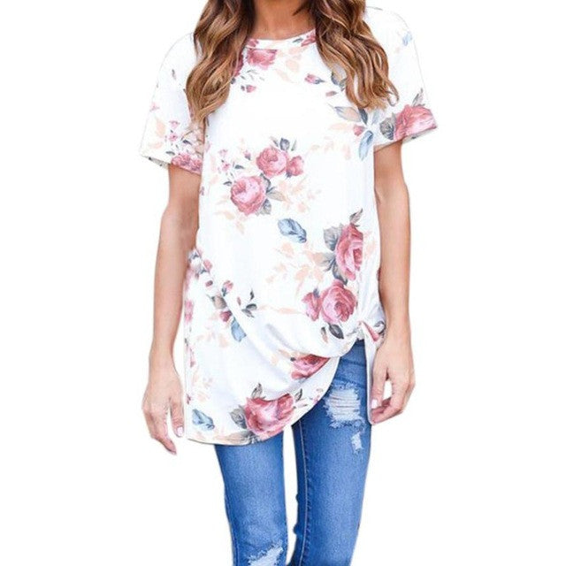 Camiseta Mujer T-Shirt Women   Women O-Neck Short Sleeve Flowers Printed Casual Tops Lady T Shirt poleras mujer #425 GS