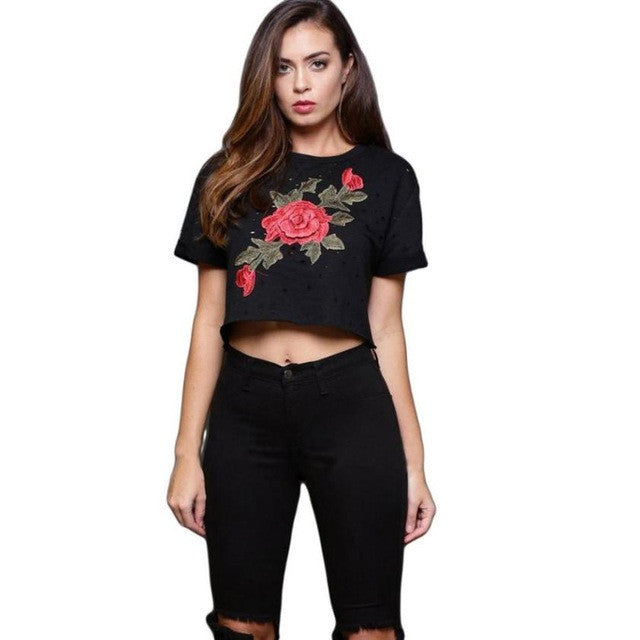 Camiseta Mujer Tops Women   Women Hipster Short Sleeve Cotton Embroidery Flower Tshirts Women Tee T Shirt Femme #417 GS