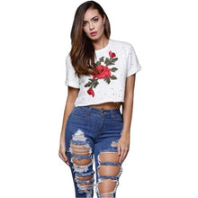 Camiseta Mujer Tops Women   Women Hipster Short Sleeve Cotton Embroidery Flower Tshirts Women Tee T Shirt Femme #417 GS