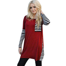 Camisetas Mujer  Fashion Women Patchwork Striped Pocket  Long Sleeve T-Shirt Tops For Women Casual Tee Shirt Femme #WY GS