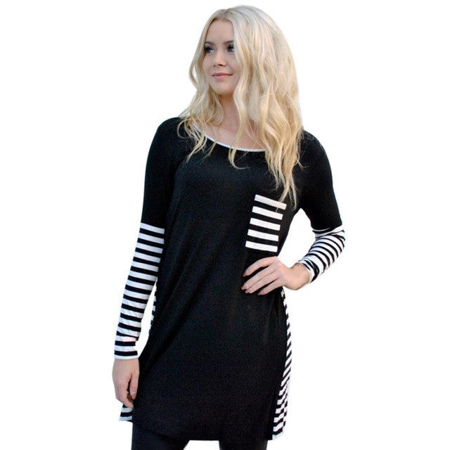 Camisetas Mujer  Fashion Women Patchwork Striped Pocket  Long Sleeve T-Shirt Tops For Women Casual Tee Shirt Femme #WY GS