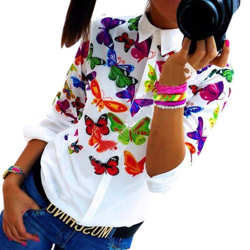 Camisetas Mujer  New Fashion Blouses Women Butterfly Print  Chiffon Tops Long Sleeve Shirts Female Women Clothes #03 GS