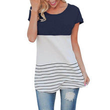 Camisetas Mujer  New Women Short Sleeve T-Shirt Striped Lace Splice Casual Long Style Tee Tops Female T Shirt Women #63 GS