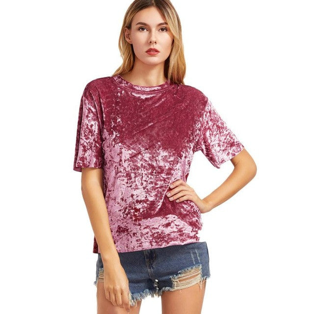 Camisetas Mujer Fashion Women  Short Sleeve Velvet Tshirt Women  Casual Pink Drop T-shirt Velvet Tops Female #23 GS