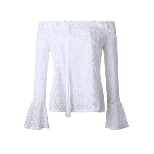 Camisetas Mujer Verano  Women Off Shoulder Long Sleeve Lace Loose Tops T-Shirt Women Hot Sale Tee Tops Ladies White #417 GS