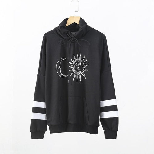 Camisetas mujer  tee shirt femme  Turtleneck Sun moon Print long sleeve t shirt womens t-shirt poleras de mujer #1124 GS