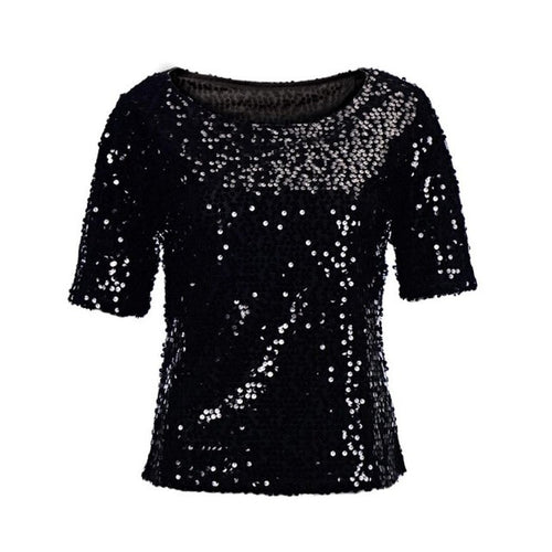 Camisetas mujer   Style Womens Sequins Sparkle Glitter Short Sleeve Tops Blouses Women Ladies Top Women Clothing #23 GS