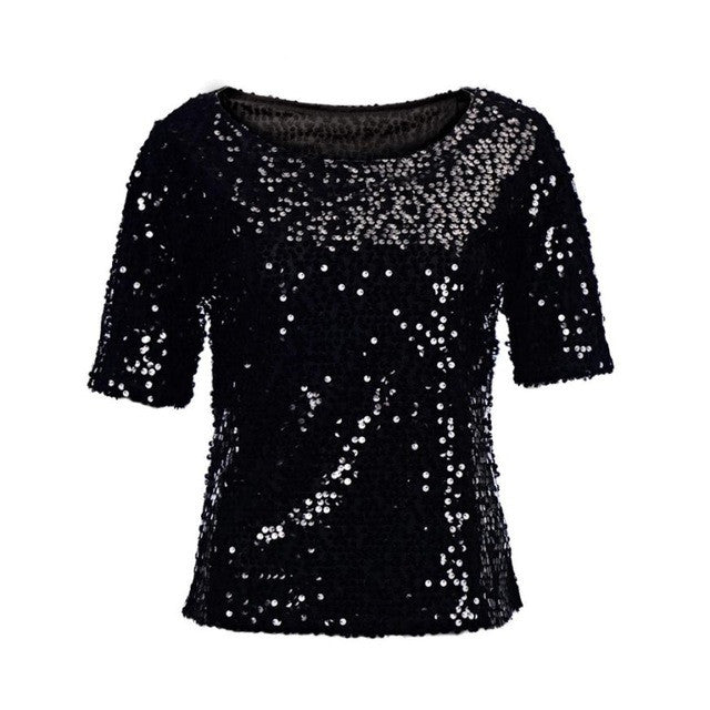 Camisetas mujer   Style Womens Sequins Sparkle Glitter Short Sleeve Tops Blouses Women Ladies Top Women Clothing #23 GS