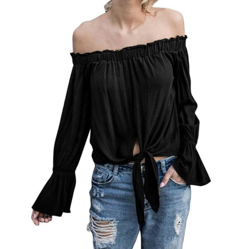 Camisetas mujer  Women Long Sleeve Off The Shoulder Casual Blouse Top Shirts Femme Black White  women blouses #43 GS