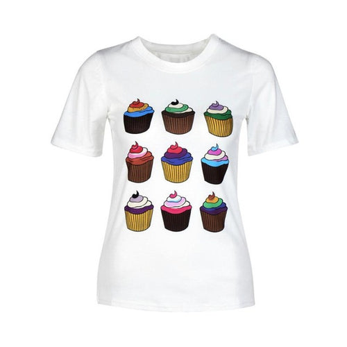 Camisetas mujer  Women's T-shirts Fashion Short Sleeve harajuku Cake Print T-Shirt Tee Tops Female White S/XL GS
