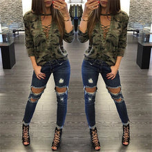 Camouflage Sexy Deep Lace Up V Neck t-shirt  New Fashion Woman T shirts Plus Size Full Sleeve BandageTops Tee 72684 GS