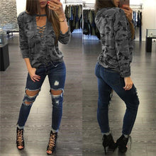Camouflage Sexy Deep Lace Up V Neck t-shirt  New Fashion Woman T shirts Plus Size Full Sleeve BandageTops Tee 72684 GS