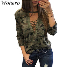Camouflage Sexy Deep Lace Up V Neck t-shirt  New Fashion Woman T shirts Plus Size Full Sleeve BandageTops Tee 72684 GS