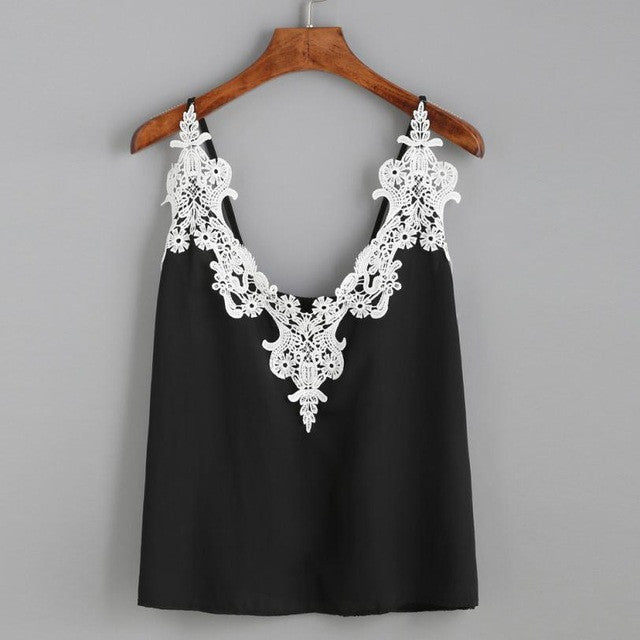 Chiffon Tank Top Women   Lace Loose Vest Top Sleeveless Casual Tank Tops Camisole Black #63 GS