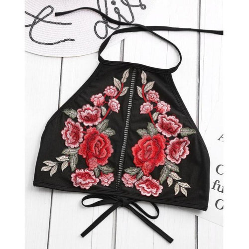 Crop Tops Women   New Embroidery Flower Womans Short Halter Neck Bandage Low Cut Tanks Top Women #23 GS