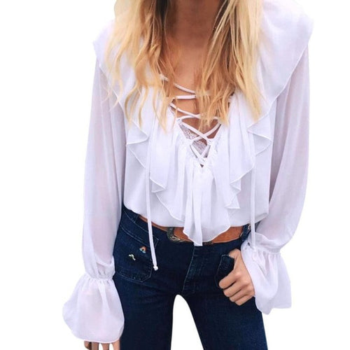 Deep V Neck Chiffon Blouses Women  Elegant Bandage Flare Long Sleeve Tops Solid Casual Women Clothing Camisetas Mujer #23 GS
