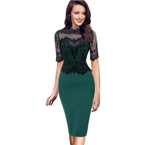 Elegant Office Lady Pencil Dresses   Lace Short Sleeve O Neck Women Vintage Bodycon Party Dress Women vestidos #04 GS