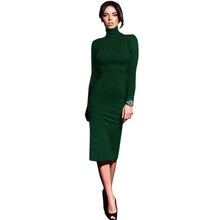 Elegant Women Bodycon Sheath Dresses   Ladies Turtleneck Black Red Green Long Sleeve Midi Pencil Dress Women #1124 GS