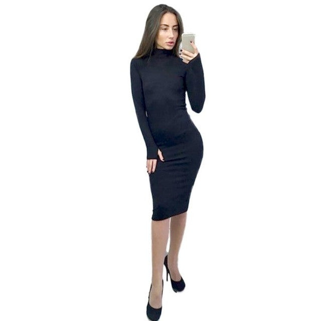 Elegant Women Bodycon Sheath Dresses   Ladies Turtleneck Black Red Green Long Sleeve Midi Pencil Dress Women #1124 GS