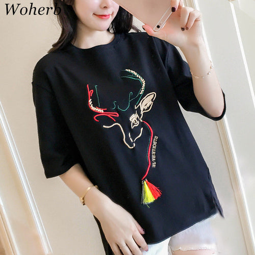 Embroidery T-shirts New  Women Summer T Shirt Fashion Tops Plus Size Female Short Sleeve t shirts 72610 GS