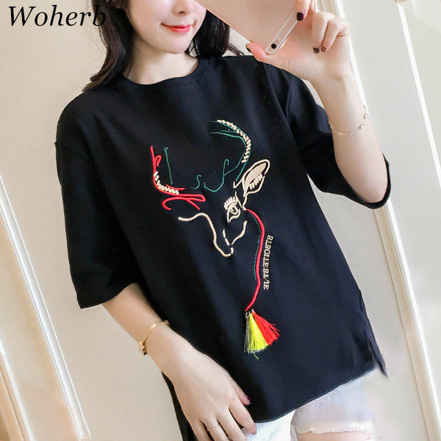 Embroidery T-shirts New  Women Summer T Shirt Fashion Tops Plus Size Female Short Sleeve t shirts 72610 GS
