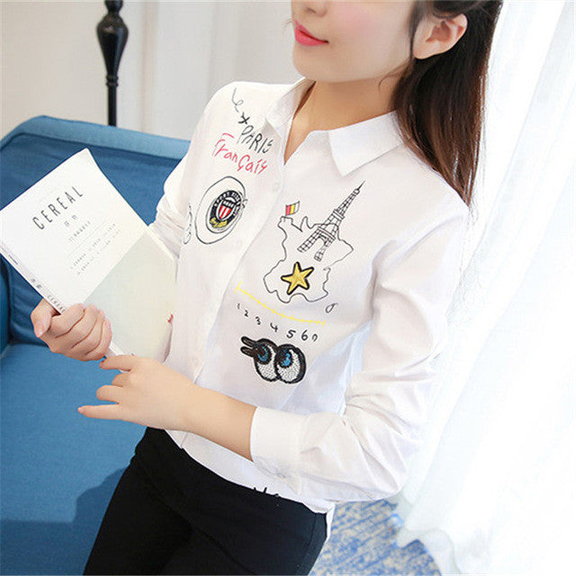 Embroidery White Shirt New Fashion  Korean Style Women Blouses Woman Loose Tops Full Sleeve Blusas Plus Size 72598 GS