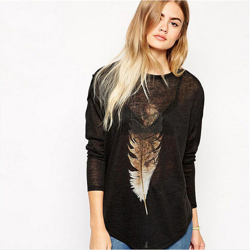 Europe New Feather Print Long Sleeve T Shirt Fashion Irregular Autumn Bottoming T-shirt  Female Loose Casual Tee Tops 31826 GS