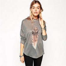 Europe New Feather Print Long Sleeve T Shirt Fashion Irregular Autumn Bottoming T-shirt  Female Loose Casual Tee Tops 31826 GS
