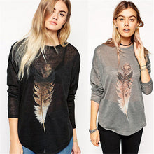 Europe New Feather Print Long Sleeve T Shirt Fashion Irregular Autumn Bottoming T-shirt  Female Loose Casual Tee Tops 31826 GS